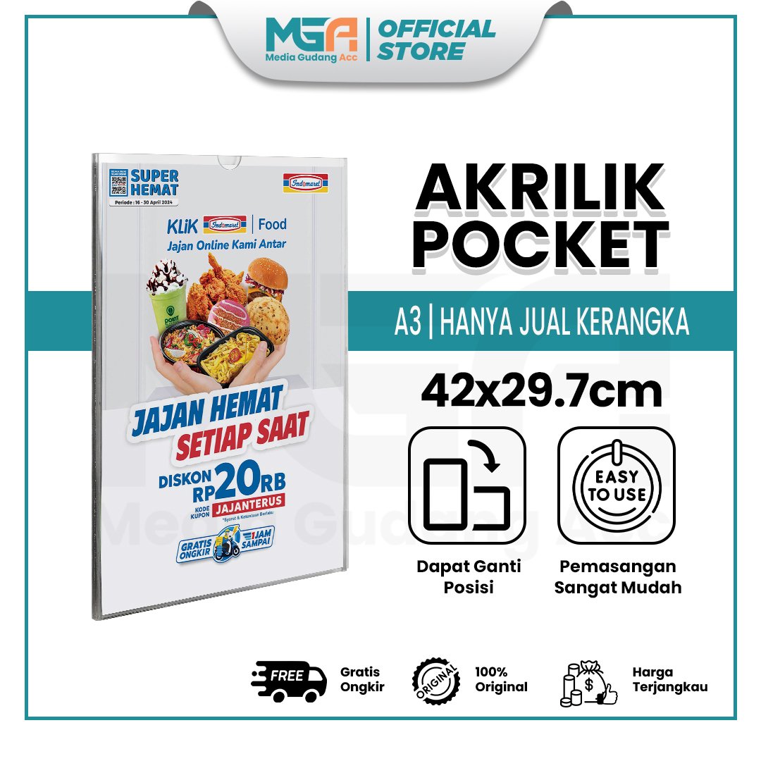 Akrilik Pocket Tempat Brosur Bening A3